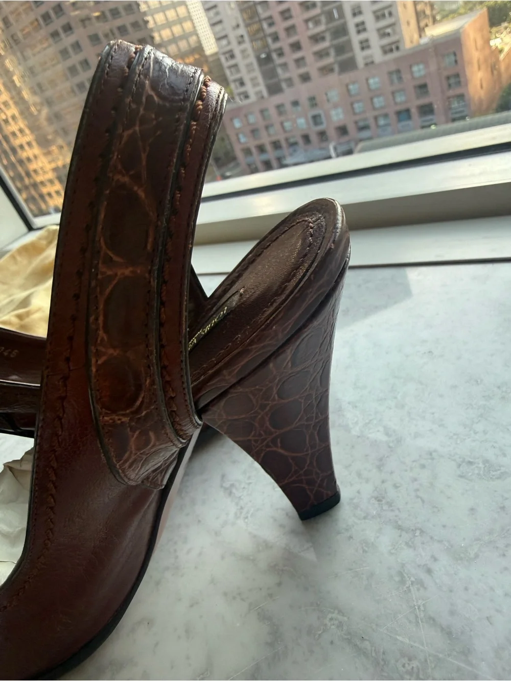 Louis Vuitton Burgundy Leather Slingback Heels with Gold Buckle